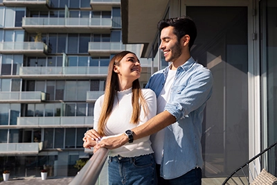 Imagem casal feliz em sacada de apartamento